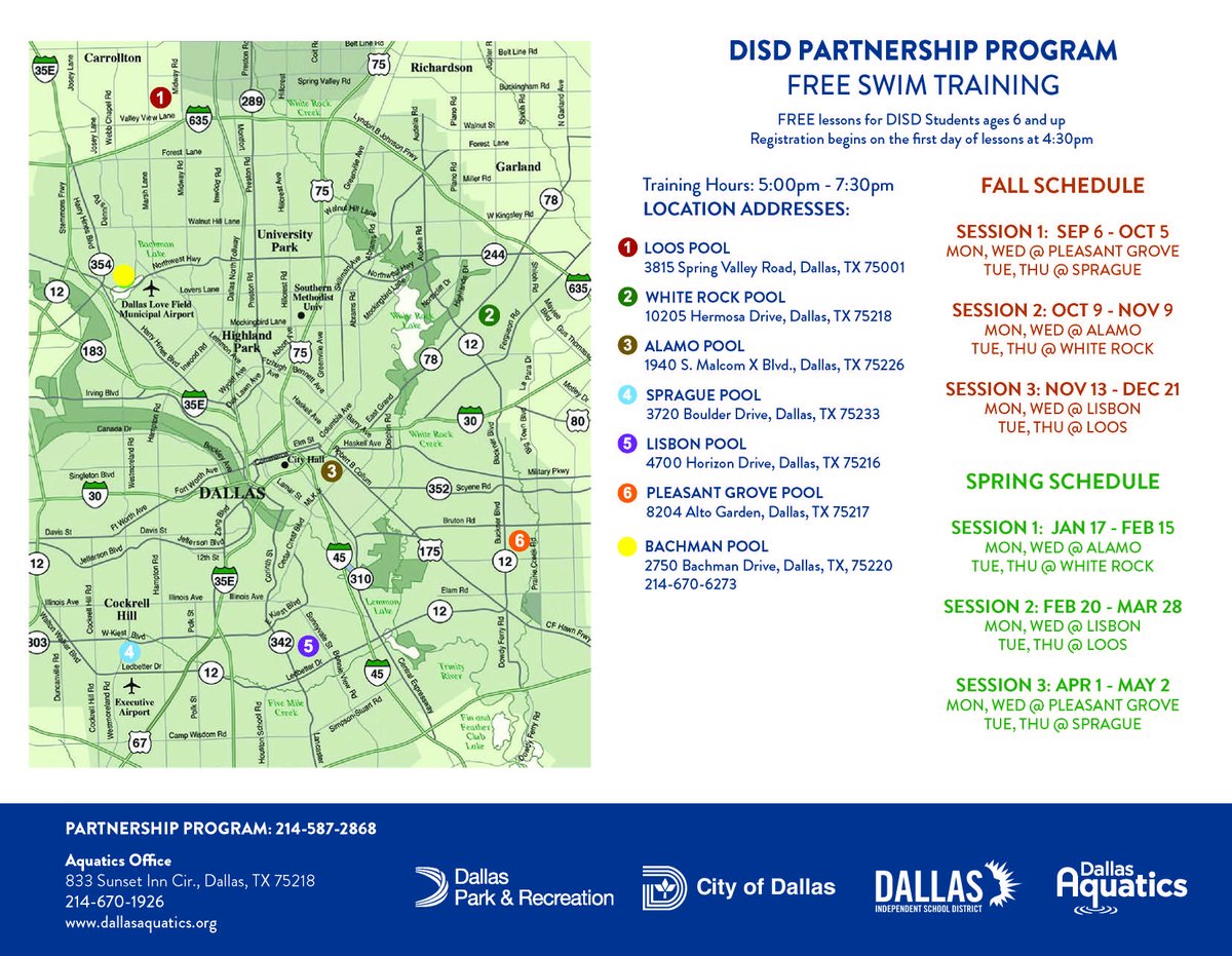 DallasParkRec's tweet photo. DISD is making a splash by offering FREE swim lessons for DISD students 6 and up! Get your kids ready for summer and join us in this great program. Select a session and register onsite the first day of classes! https://t.co/Rki6ArtiaY