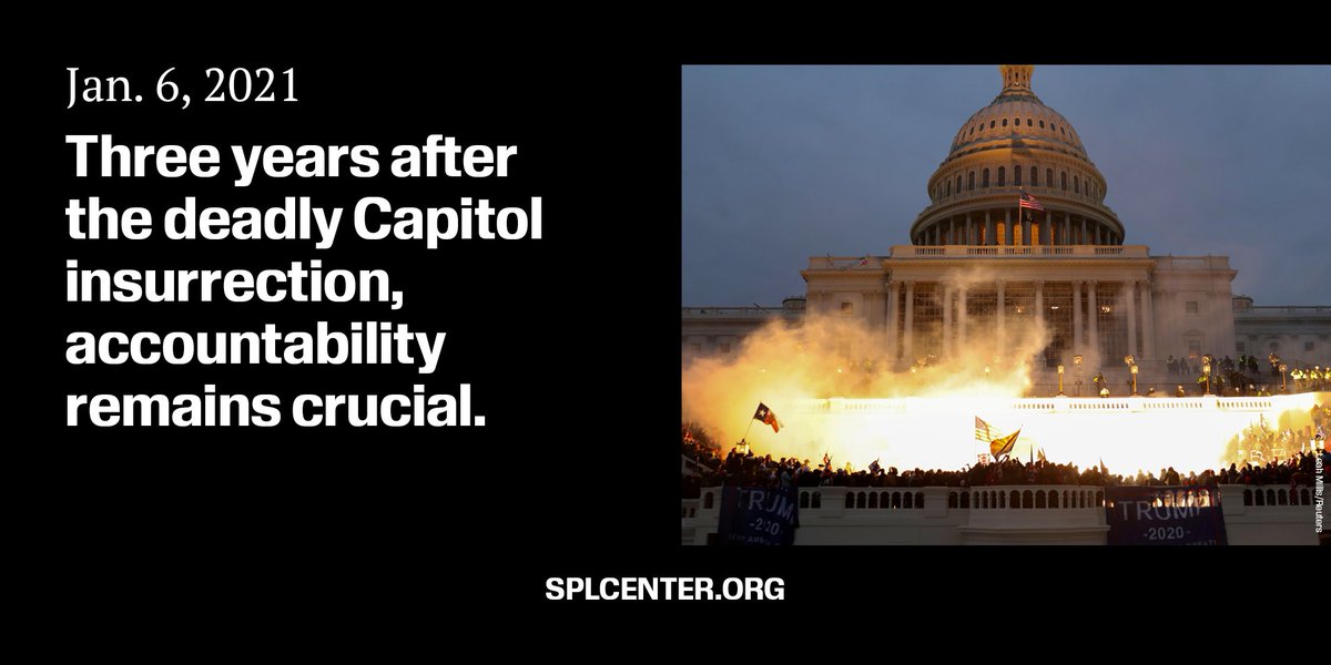 Never forget: #OTD in 2021, the violent #Jan6 insurrection on the U.S. Capitol left 5 people dead, 140+ officers injured and the nation divided.

No one is above the law. Accountability & consequences remain crucial. #RefuseHate

Read the SPLC's resources:
splcenter.org/resources/jan-…