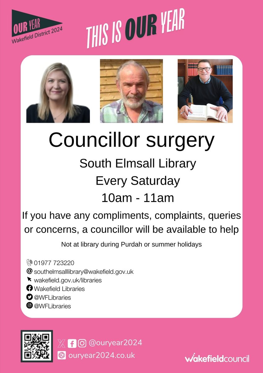 WFlibraries's tweet photo. 📣 Let the local councillors know your compliments, concerns and queries at weekly surgeries at #SouthElmsallLibrary
📅Every Saturday ⏰10am-11am 📍South Elmsall Library
Unavailable during purdah and summer holidays
No booking required!
#SouthElmsall #OurYear2024 @WFmuseums https://t.co/4Yc3laig0T