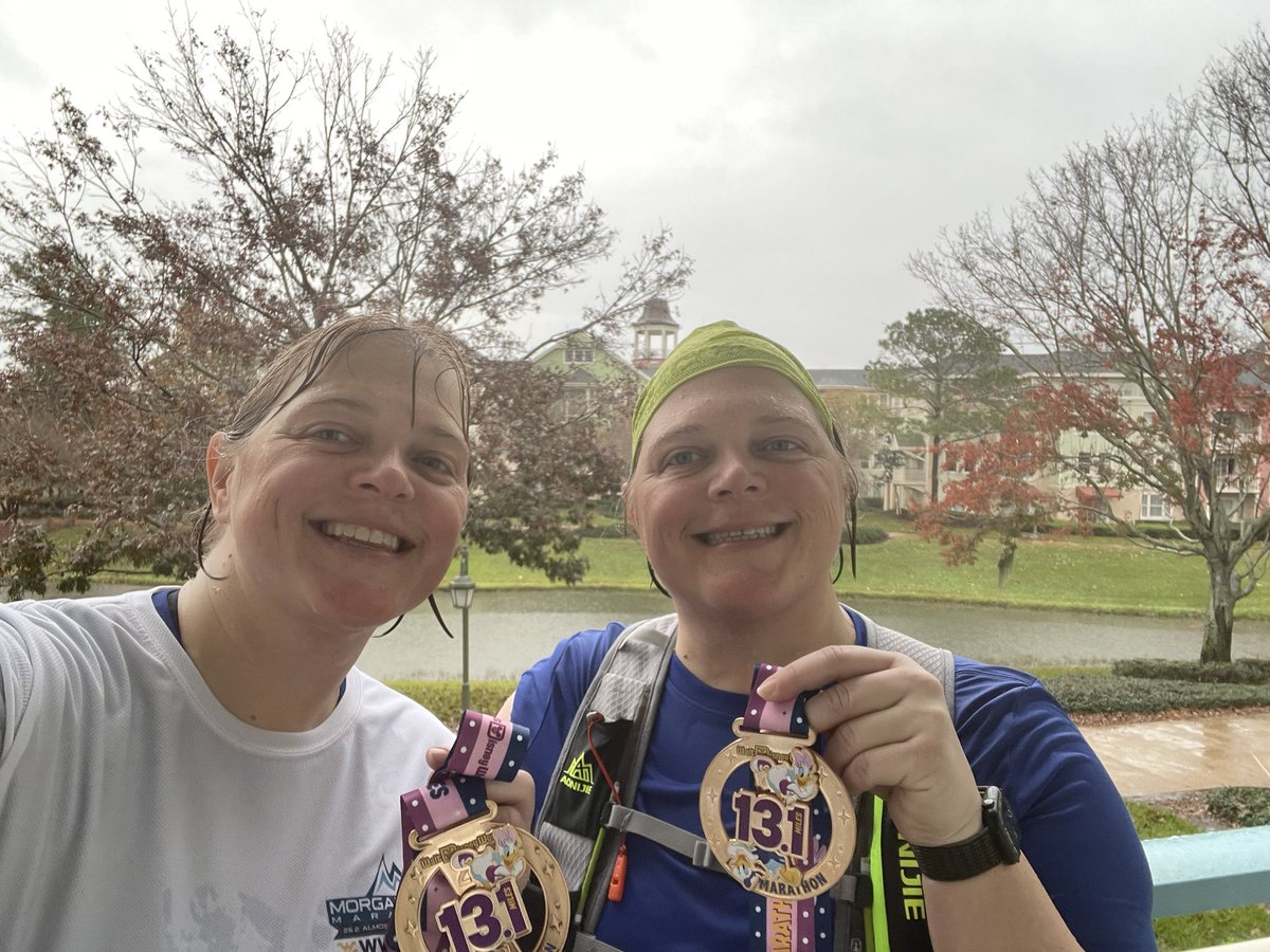 Weather issues led to shortened @runDisney Half of 7.1 miles. So @eceeroj and I had to get miles in pre-race and post-race in the rain. 3 down with 1 to go. #dopeychallenge