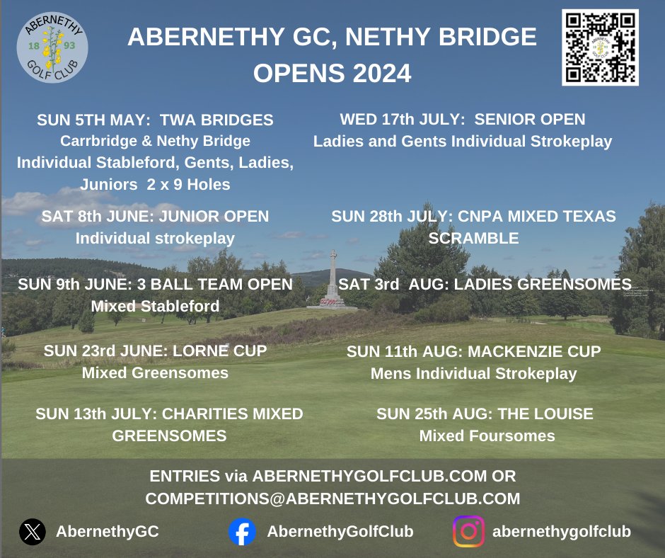 Dates for your diaries - Abernethy Golf Club Opens in 2024.  Come along and enjoy our lovely course in Nethy Bridge.