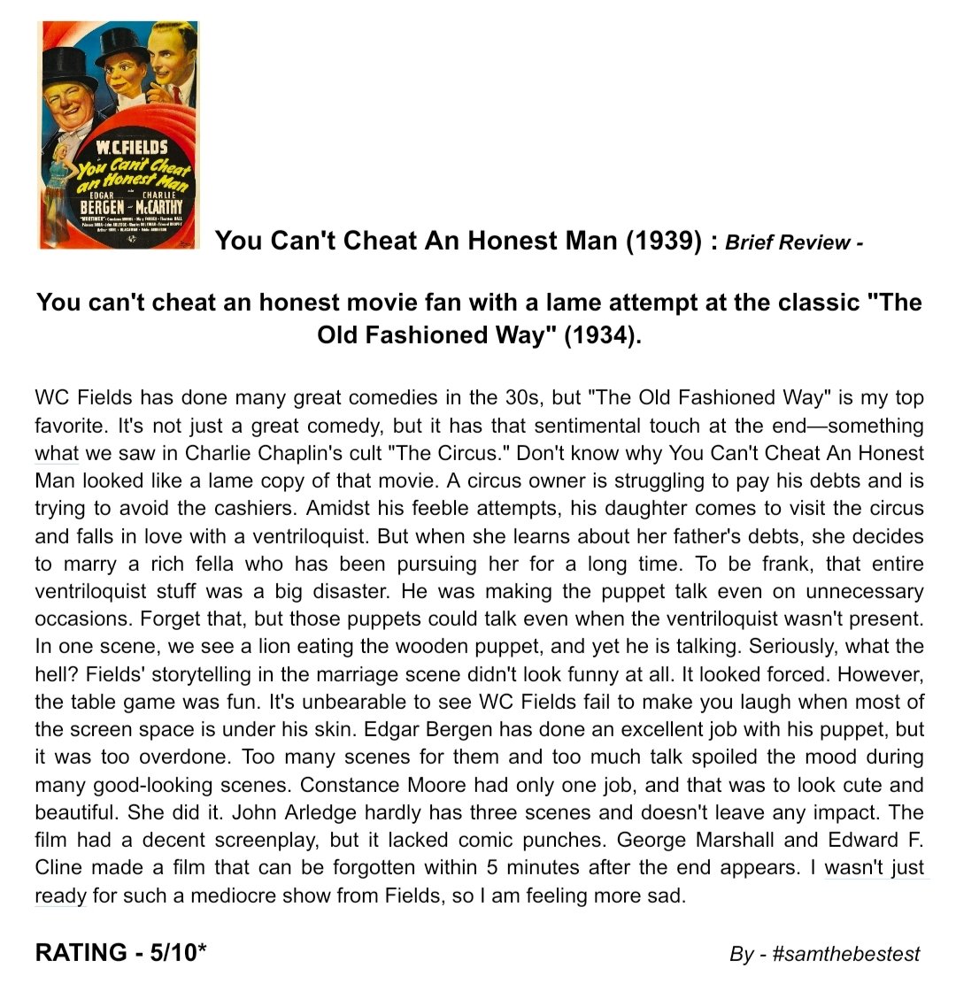 Watched #YouCantCheatAnHonestMan (1939) :

You can't cheat an honest movie fan with a lame attempt at the classic #TheOldFashionedWay (1934).

RATING - 5/10*

#GeorgeMarshall #EdwardFCline #WCFields #EdgarBergen #CharlieMcCarthy #JohnArledge #ConstanceMoore #EddieAnderson