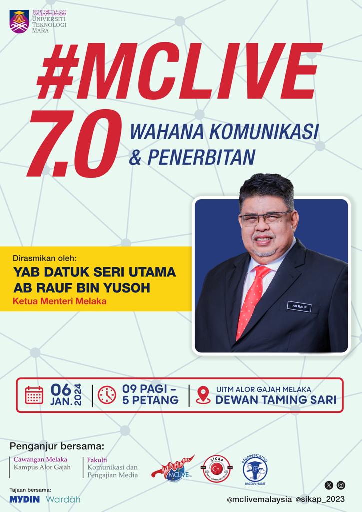 SiKAP2024's tweet photo. Alhamdulillah, McLive7.0 went smoothly on 6 January 2024. We would like to thank the Melaka Chief Minister, YAB Datuk Seri Utama AB Rauf bin Yusoh who officiated our event!
#SiKAP2023 #finalyearproject #UiTM #PublishingMC245 https://t.co/ww0VCh4ZS9
