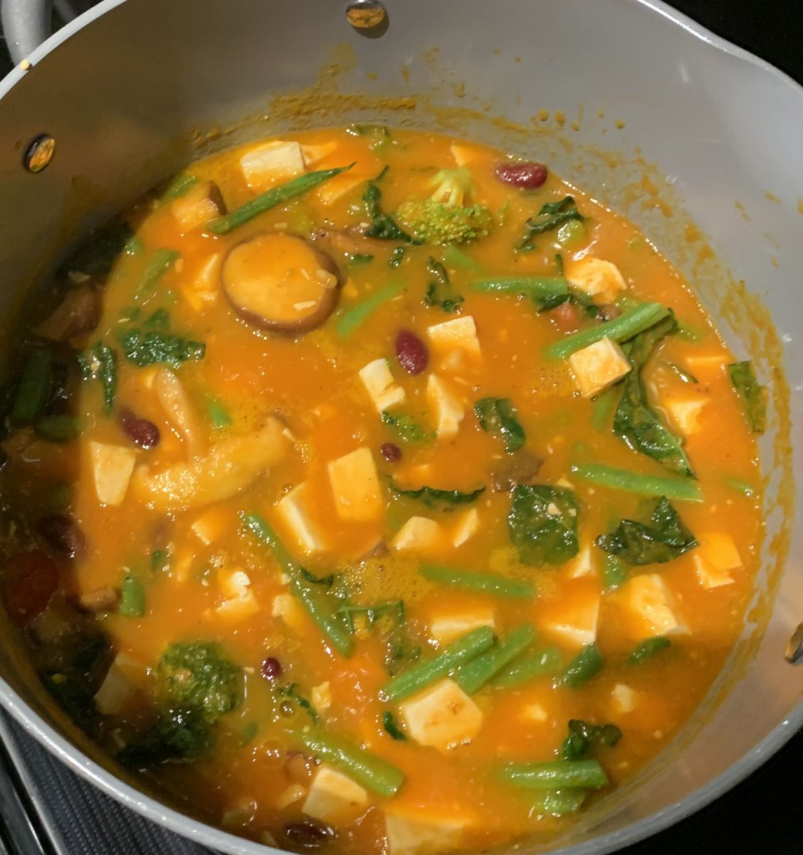 Homeoffree61's tweet photo. I know you will be diving in for this delectable creation of carrot soup, tofu, kale, broccoli, green beans, dark kidney beans, and shitake mushrooms! ๐คฃ๐คฃ๐ฉ๐ปโ๐ณ #WhyIAmSingle ๐๐ปโโ๏ธ https://t.co/T5Ef180XNy