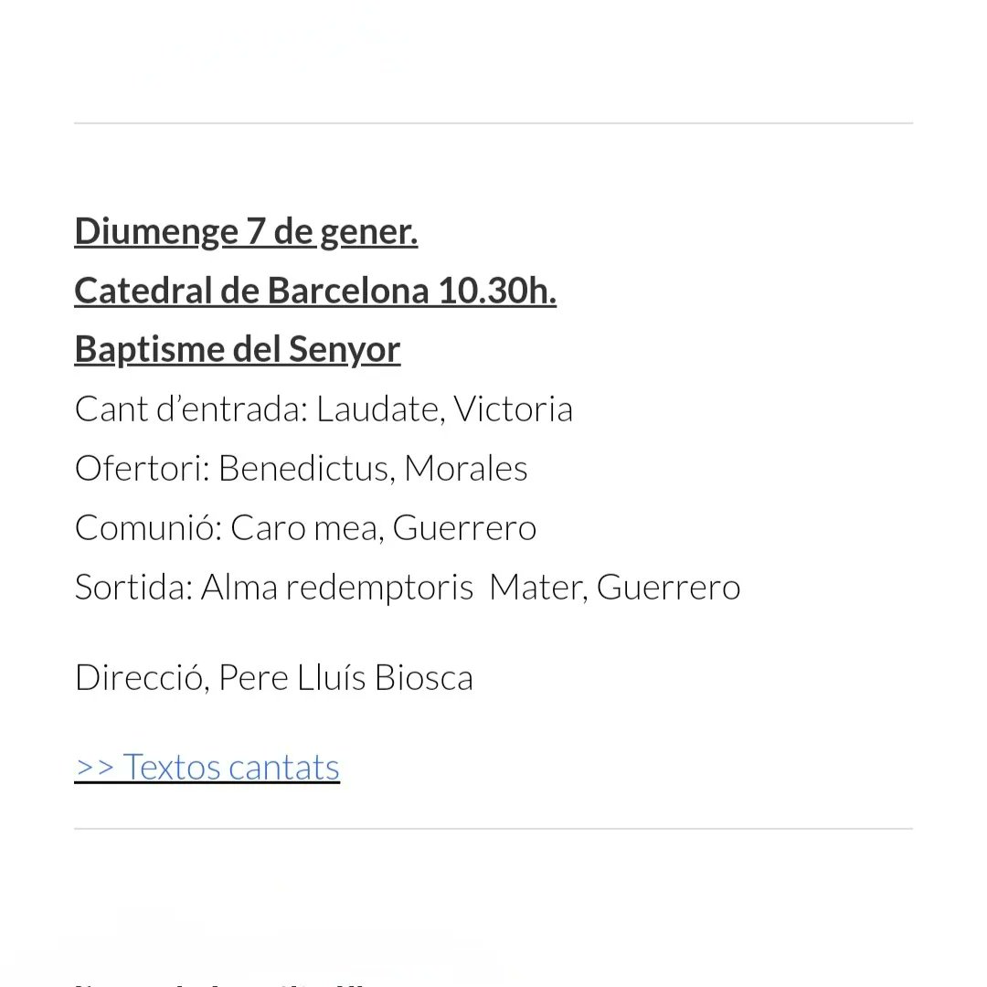 Cor Francesc Valls (@corcatedralbcn) on Twitter photo Obres de Victoria, Morales, Guerrero, Pärt, Buxtehude i Elgar per a les misses de demà diumenge 7 de gener, Baptisme del Senyor
Sagrada Família 9h
Catedral Barcelona 10.30h
Direcció: Pere Lluís Biosca
Orgue: Joan Seguí
<a href="/catedralbcn/">Catedral de Barcelona</a> <a href="/sagradafamilia/">La Sagrada Família</a> <a href="/pere_lluis/">PereLluis</a> <a href="/joansegui_org/">Joan Seguí Mercadal</a> Obres de Victoria, Morales, Guerrero, Pärt, Buxtehude i Elgar per a les misses de demà diumenge 7 de gener, Baptisme del Senyor
Sagrada Família 9h
Catedral Barcelona 10.30h
Direcció: Pere Lluís Biosca
Orgue: Joan Seguí
<a href="/catedralbcn/">Catedral de Barcelona</a> <a href="/sagradafamilia/">La Sagrada Família</a> <a href="/pere_lluis/">PereLluis</a> <a href="/joansegui_org/">Joan Seguí Mercadal</a>