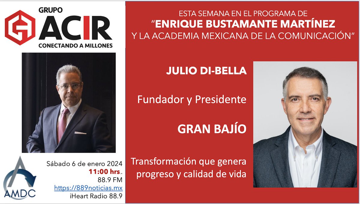 EnriqueB01's tweet photo. Hoy en #MiProgramaDeRadio de la @amdc_mx entrevisto a @JulioDiBella CEO de #ElGranBajío, una iniciativa que promueve a #México y a la región del #Bajío
@jhidalgo #IA y la historia.
11:00 hrs 88.9 FM o https://t.co/SWkiBOmL0o y iHeart Radio 889
https://t.co/SWkiBOmL0o https://t.co/rXKp1YqA2A