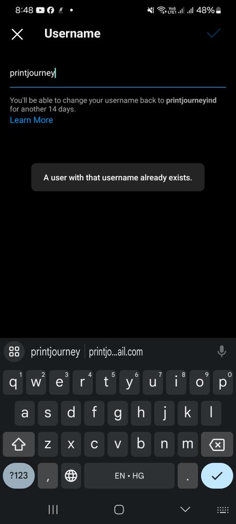 printjourney's tweet photo. @instagram I am trying to take I'd on Instagram it's say a user with that username already exists. But when I try to search the user ots not there. 
Please help us out to get this id. As we have I'd by this name in all other social platform. Thanks . https://t.co/nUCwHxBTrx