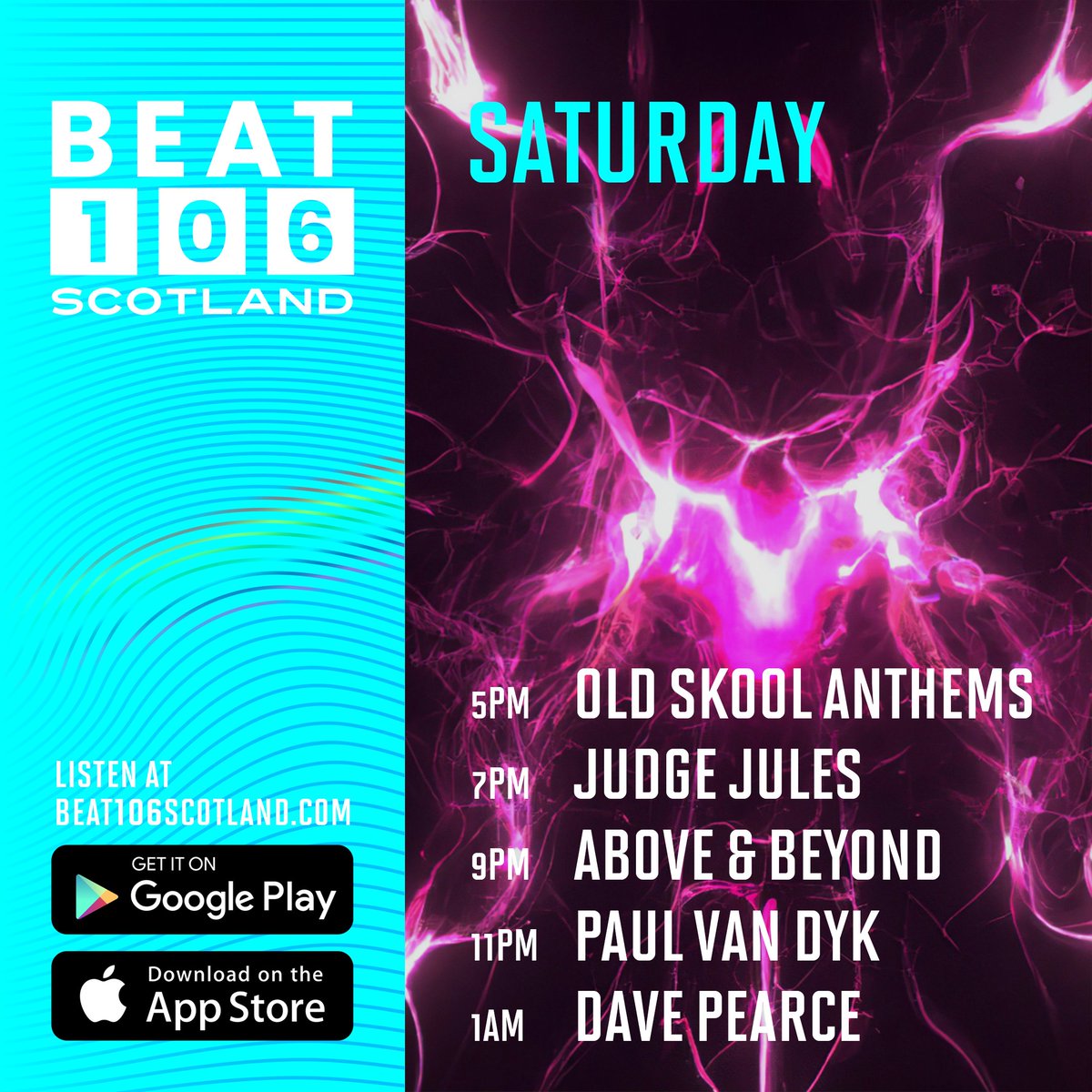 Saturday on <a href="/beat106scotland/">Beat 106 Scotland  www.beat106scotland.com</a> - all this on tap tonight!

Now - The Best Dance Anthems All Day
5pm - 2 hours of #OldSkoolAnthems
7pm - <a href="/RealJudgeJules/">Judge Jules</a>
9pm - <a href="/aboveandbeyond/">Above & Beyond</a> with Digital Drift in the guest mix. <a href="/simogmusic/">Simon Gregory</a> <a href="/chris_n2o/">Nitrous Oxide</a>
11pm - <a href="/PAULVANDYK/">Paul van Dyk</a> 
1am - <a href="/dj_davepearce/">Dave Pearce</a>