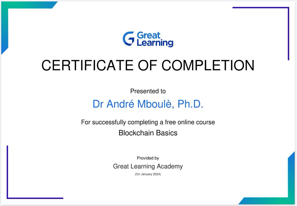 MbouleSr's tweet photo. 💡 Happy to share this other achievement ! 😀

⭐ Course Outline⭐
-----------------------
✅ What is Blockchain?
✅ Database vs Blockchain
✅ Role of Intermediaries
✅ Blockchain Cryptography
✅ Accounts, Blocks, Transactions and Merkle trees
✅ Consensus Mechanism
#blockchain https://t.co/2cQLHOHHOW