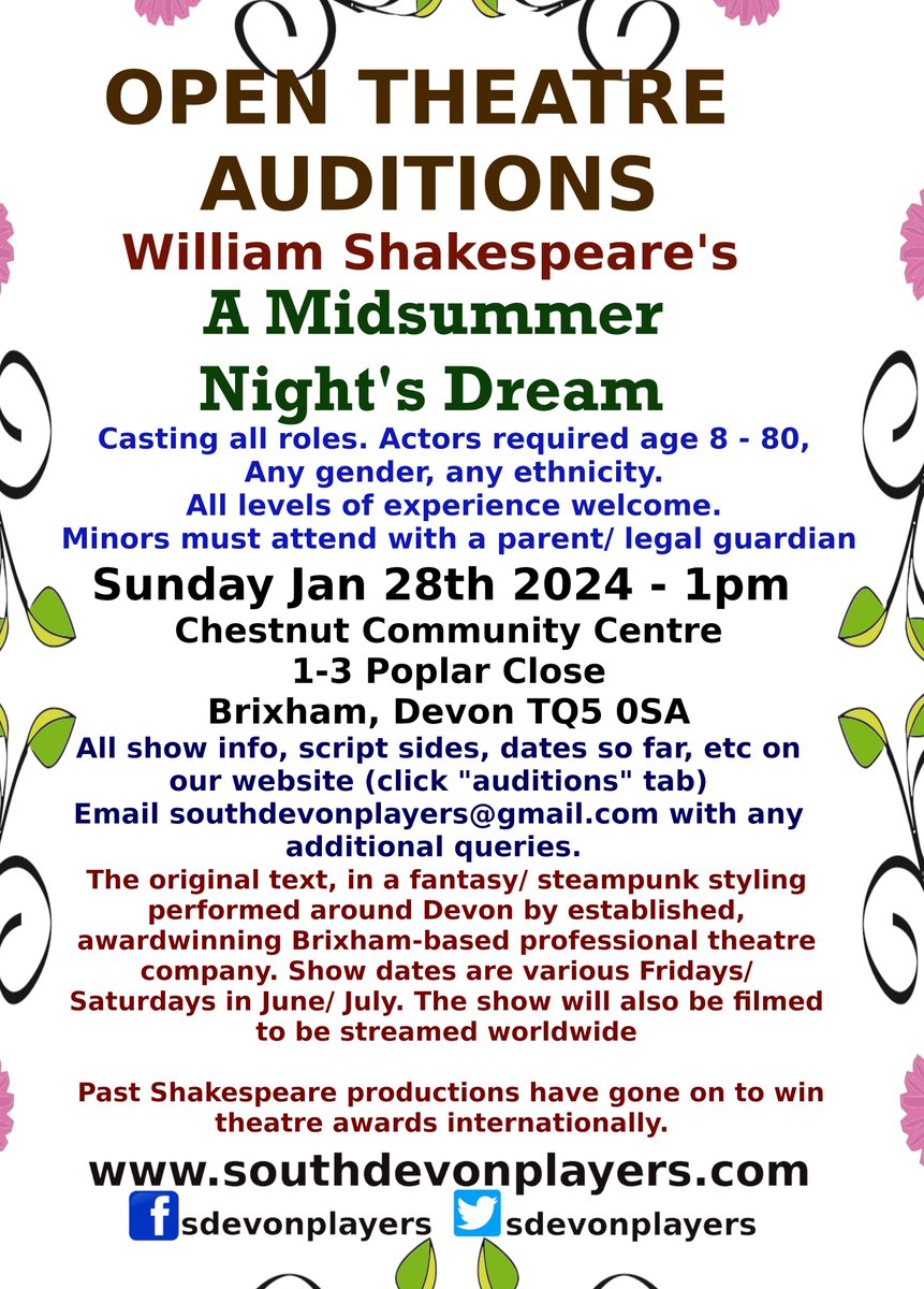 Coming up at the end of the month - open theatre auditions for our next touring show: William Shakespeare's A Midsummer Night's Dream. info at southdevonplayers.com/auditions.html Pls share @DramaGroups @TheTorbayWeekly @Brixham @castingcalls_uk @plinthart @castingcalls1 @TorbayCDT