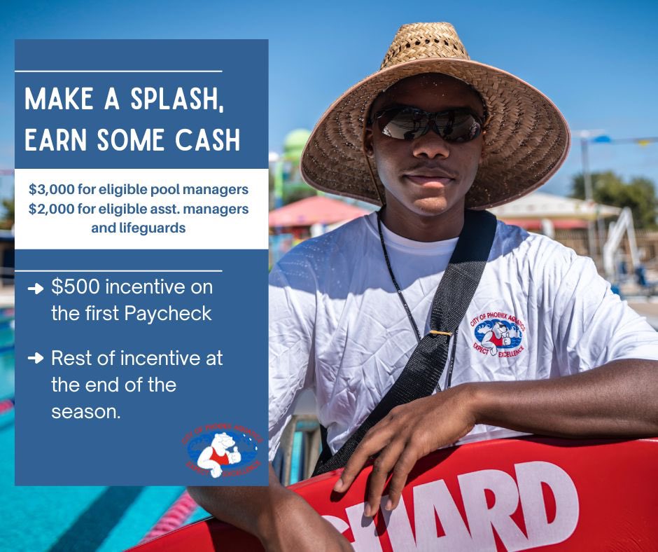 MayorGallego's tweet photo. It may be chilly out now, but believe it or not, the next Phoenix pool season is around the corner — and we're hiring lifeguards! Check out our new hiring incentives and get started on your certification and application today. Interviews are March 16!
https://t.co/WYMFRHYXuW https://t.co/petQOsk2IR