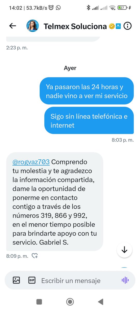 rogvaz703's tweet photo. @TELMEXSoluciona Lo mismo me dijeron ayer y nunca se comunicaron conmigo https://t.co/c9RELccVem