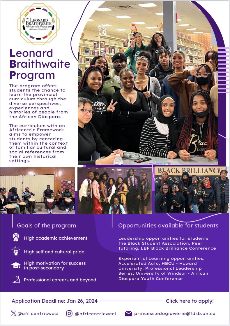 Centre of Excellence for Black Student Achievement (@tdsb_cebsa) on Twitter photo Applications for the Leonard Braithwaite Africentric Program at Winston Churchill Collegiate Institute are now open for the 2024-2025 school year!
Application form: bit.ly/3S9LFm7
Application deadline: Jan. 26
#tdsb <a href="/tdsb/">Toronto District School Board</a> <a href="/africentricwcci/">Winston Churchill CI Africentric Program</a> Applications for the Leonard Braithwaite Africentric Program at Winston Churchill Collegiate Institute are now open for the 2024-2025 school year!
Application form: bit.ly/3S9LFm7
Application deadline: Jan. 26
#tdsb <a href="/tdsb/">Toronto District School Board</a> <a href="/africentricwcci/">Winston Churchill CI Africentric Program</a>