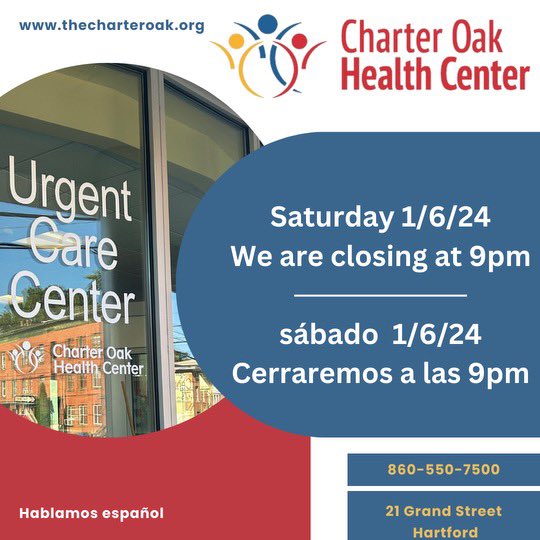 ATTENTION Charter Oak Health Center family! Due to INCLEMENT WEATHER, our Urgent Care Center will be closing today at 9 pm. 

If you have any questions, contact us at 860-550-7565. 

Thank you and stay safe!