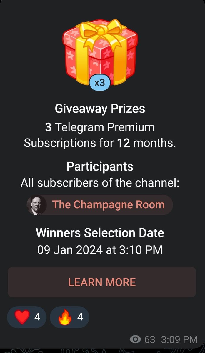 For the next few days, I'm running a GIVEAWAY in my TG channel. 

On top of getting access to my calls, you could win a Telegram Premium Subscription.

No cost

You MUST be following me on X to qualify and RT this post 💥

t.me/TheChampagneRo…