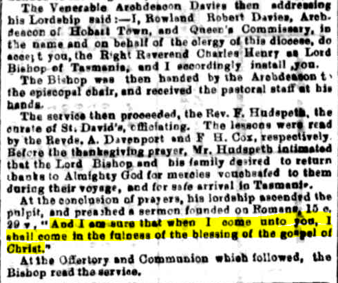 AustAnglican's tweet photo. 7 January 1865: the Rt Revd Charles Henry Bromby (1814-1907) installed and enthroned @CathedralHobart as second Bishop of Tasmania. He served in that role until 1882. #anglican #159years The new bishop preached on Romans 15:29: https://t.co/8TIduH10Of