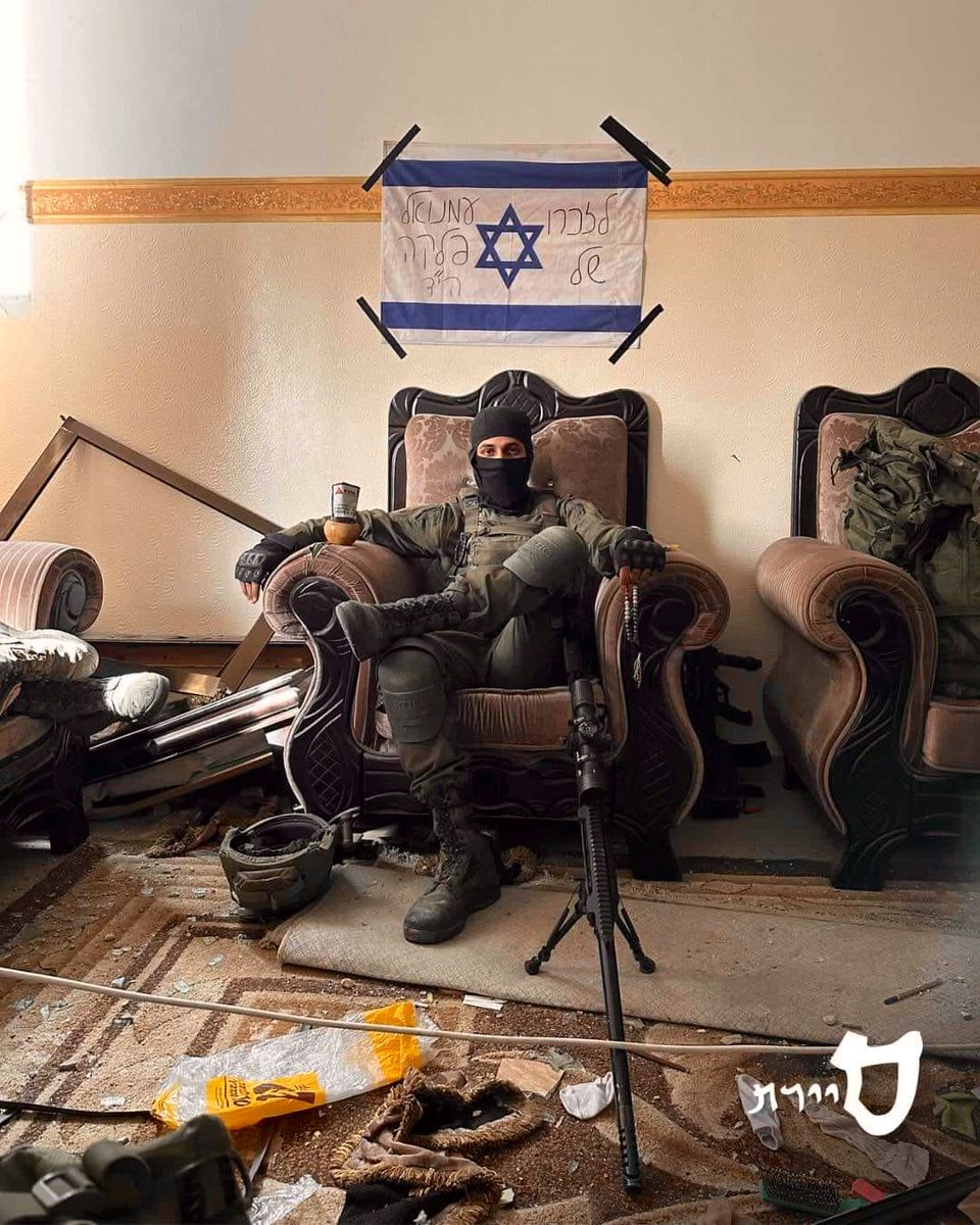 Osint613's tweet photo. #Photo: IDF soldier pictured in the chair and residence of Qhamas leader in Gaza, Yahya Sinwar. https://t.co/1RSFTgmVSu