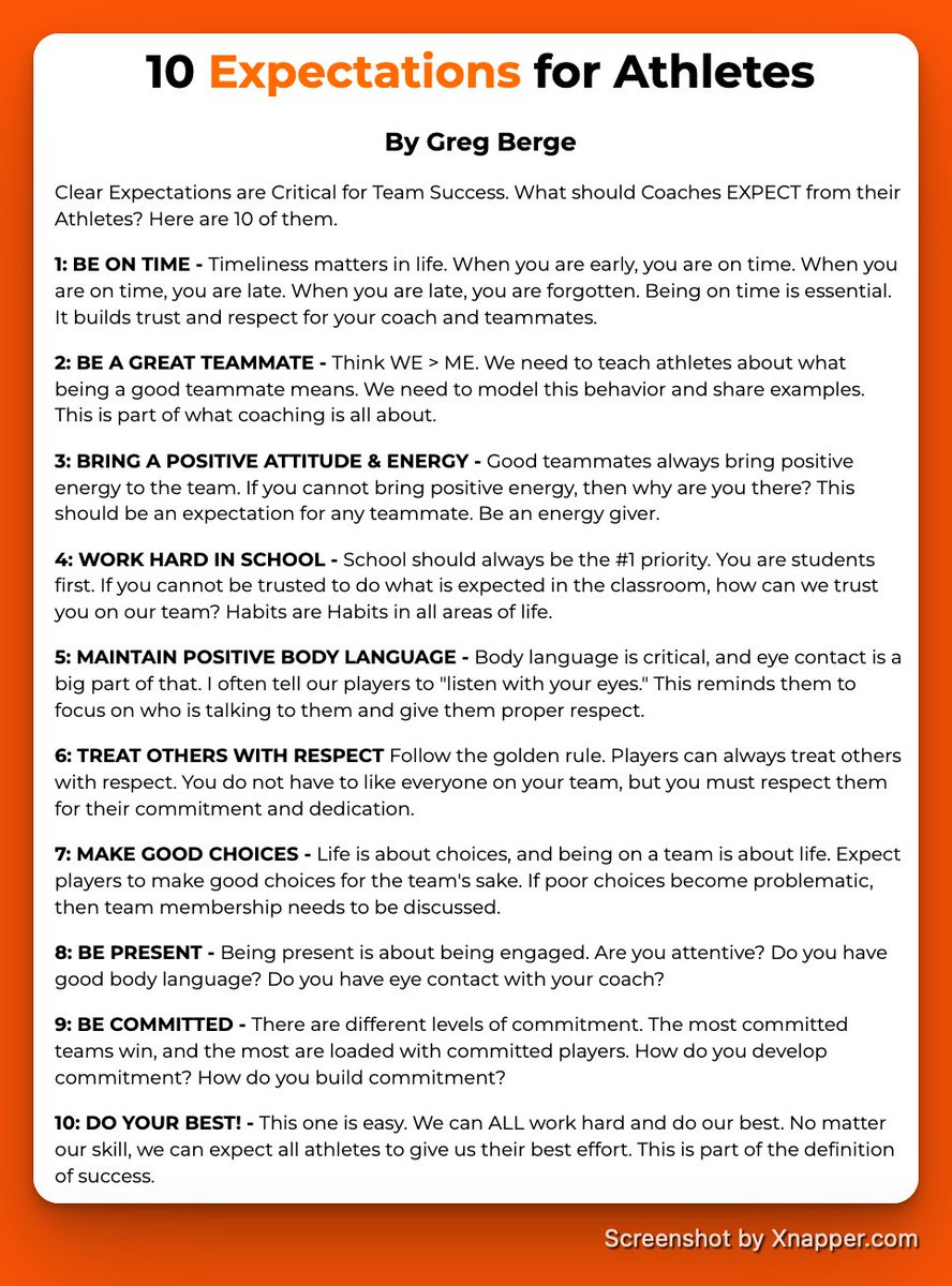 Clear Expectations are Critical for Team Success. 

What should Coaches EXPECT from their Athletes? 

Here are 10 of them.