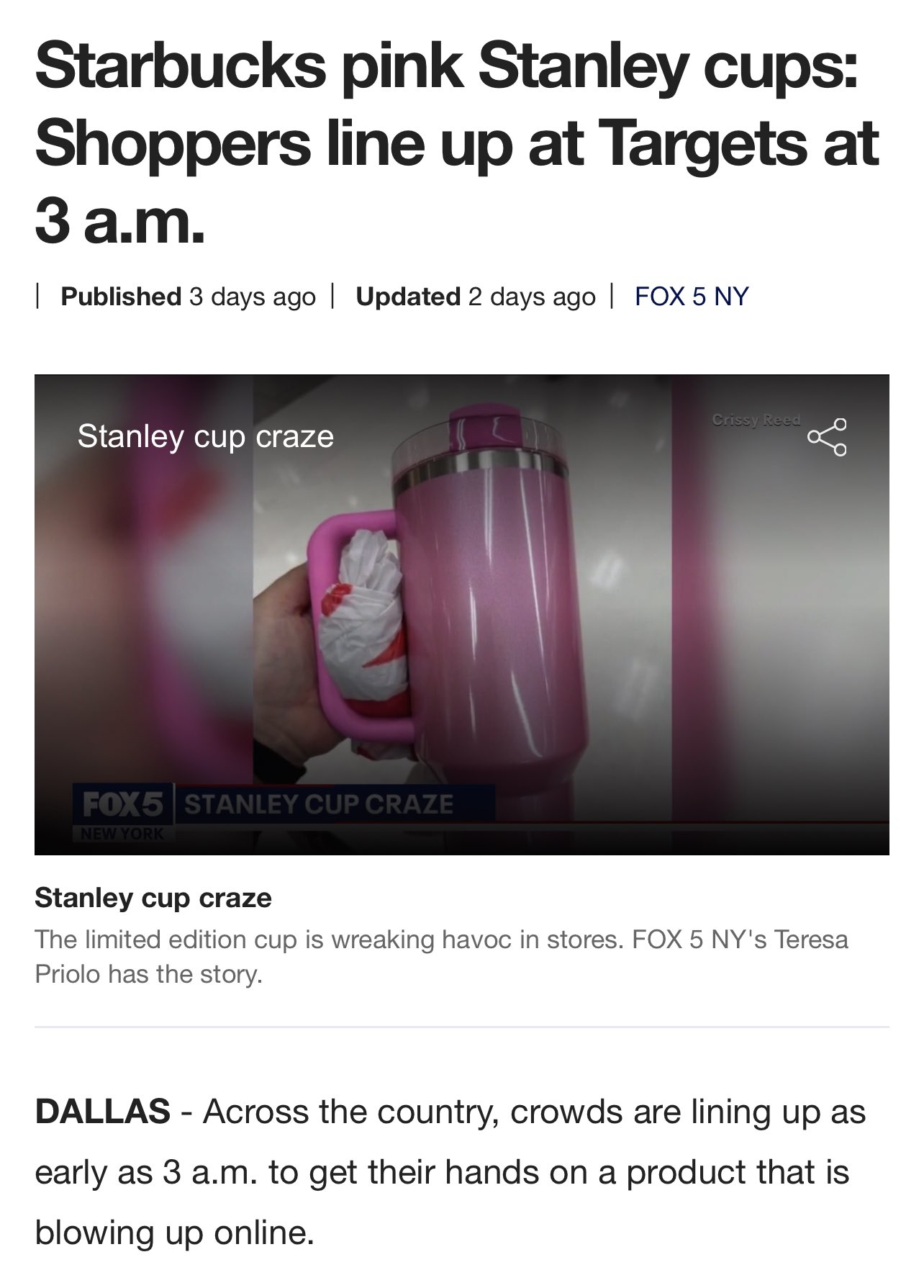 Starbucks pink Stanley cups: Shoppers line up at Targets at 3 a.m.