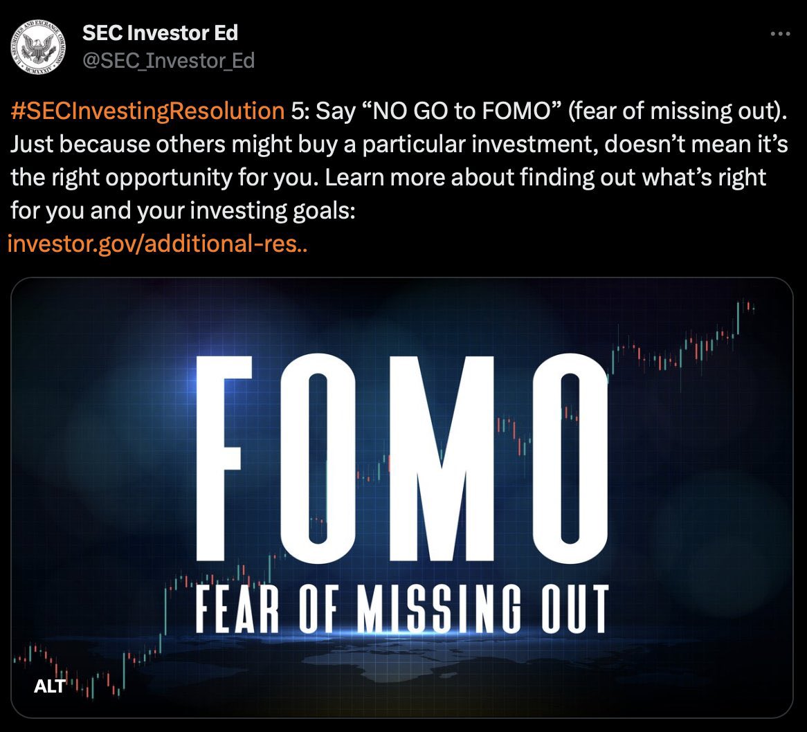 Another Big Signal in favor of the Bitcoin Spot ETFs approvals: SEC recommending “NO GO to FOMO”.

Is it just in general or is related to the imminent Bitcoin Spot ETFs approvals? 🙂