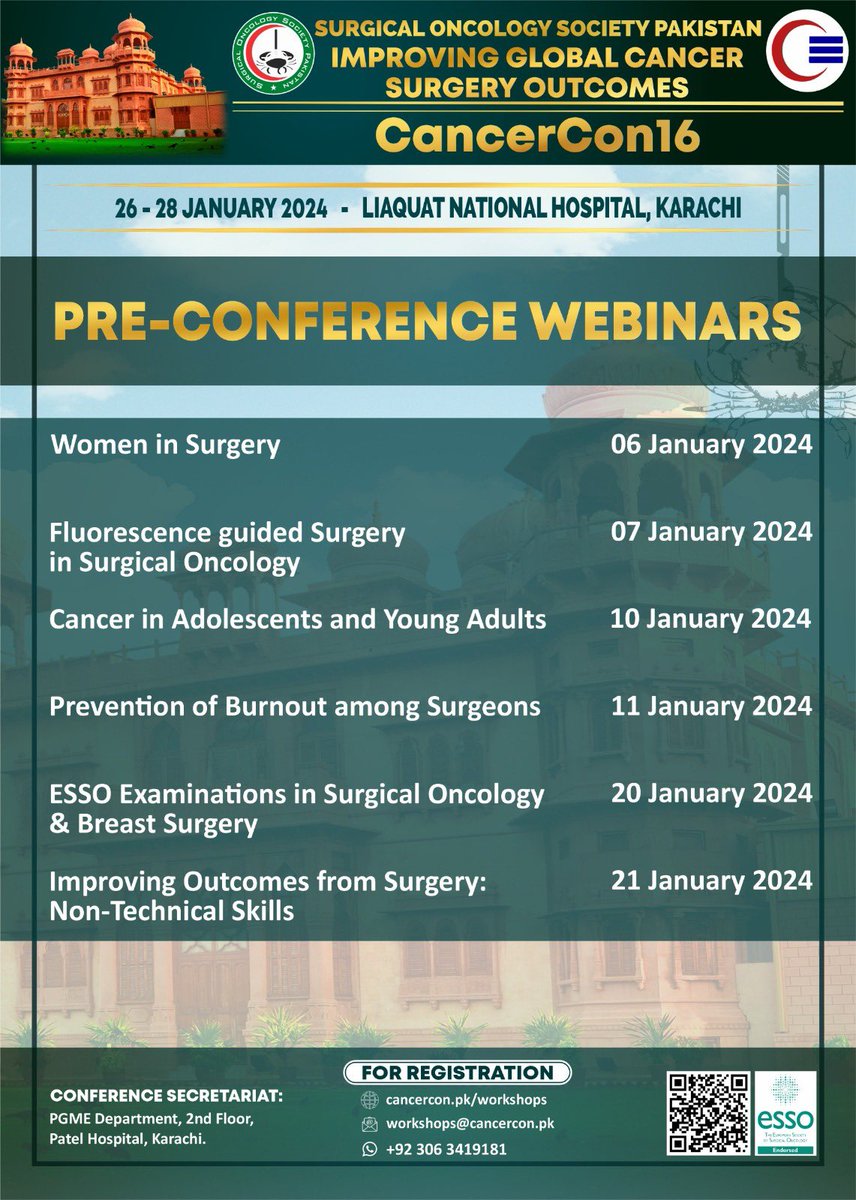 Haroon Javaid Majid (@hjmajid) on Twitter photo ⏰ Today’s program, the webinar series of #CancerCon16
🗓️ If you haven't already, please register for the conference to be able to participate in webinars for free
Regist is open through our website at cancercon.pk/registration/
<a href="/gssoszh/">General Surgery & Surgical Oncology SZH</a> <a href="/ESSOnews/">European Society of Surgical Oncology (ESSO)</a> <a href="/FarazKh65499316/">Faraz Khan</a> <a href="/SOS_Pk/">Surgical Oncology Society Pakistan. SOSPK</a> ⏰ Today’s program, the webinar series of #CancerCon16
🗓️ If you haven't already, please register for the conference to be able to participate in webinars for free
Regist is open through our website at cancercon.pk/registration/
<a href="/gssoszh/">General Surgery & Surgical Oncology SZH</a> <a href="/ESSOnews/">European Society of Surgical Oncology (ESSO)</a> <a href="/FarazKh65499316/">Faraz Khan</a> <a href="/SOS_Pk/">Surgical Oncology Society Pakistan. SOSPK</a>