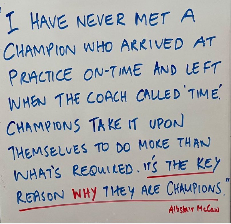 “I have never met a champion who arrived at practice on-time and left when the coach called time.  

Champions take it upon themselves to do more than what’s required.

It’s the key reason why they are champions.” <a href="/AllistairMcCaw/">Allistair McCaw</a> 

Champions do more.
Champions don’t meet