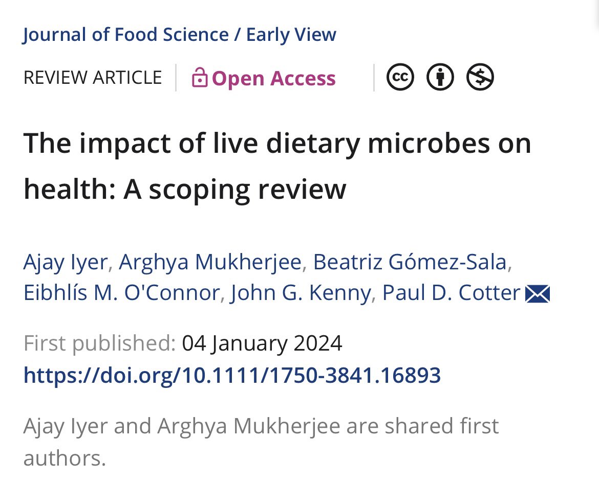 Paul Cotter (@pauldcotter) on Twitter photo New publication from our group, led by @molagutal & <a href="/nomnommicrobe/">Arghya Mukherjee 🇮🇳🇮🇪</a>, with <a href="/bgomezsala/">Beatriz Gómez</a> Eibhlis O’Connor & <a href="/jgskenny/">John Kenny</a>, funded by <a href="/IAFNS_science/">IAFNS</a> “The impact of live dietary microbes on health: A scoping review” ift.onlinelibrary.wiley.com/doi/10.1111/17…
<a href="/teagasc/">Teagasc</a> <a href="/Pharmabiotic/">APC Microbiome Ireland</a> <a href="/VistaMilk/">VistaMilk Research Ireland Centre</a> <a href="/fhi_tweets/">Food for Health Ireland</a> New publication from our group, led by @molagutal & <a href="/nomnommicrobe/">Arghya Mukherjee 🇮🇳🇮🇪</a>, with <a href="/bgomezsala/">Beatriz Gómez</a> Eibhlis O’Connor & <a href="/jgskenny/">John Kenny</a>, funded by <a href="/IAFNS_science/">IAFNS</a> “The impact of live dietary microbes on health: A scoping review” ift.onlinelibrary.wiley.com/doi/10.1111/17…
<a href="/teagasc/">Teagasc</a> <a href="/Pharmabiotic/">APC Microbiome Ireland</a> <a href="/VistaMilk/">VistaMilk Research Ireland Centre</a> <a href="/fhi_tweets/">Food for Health Ireland</a>