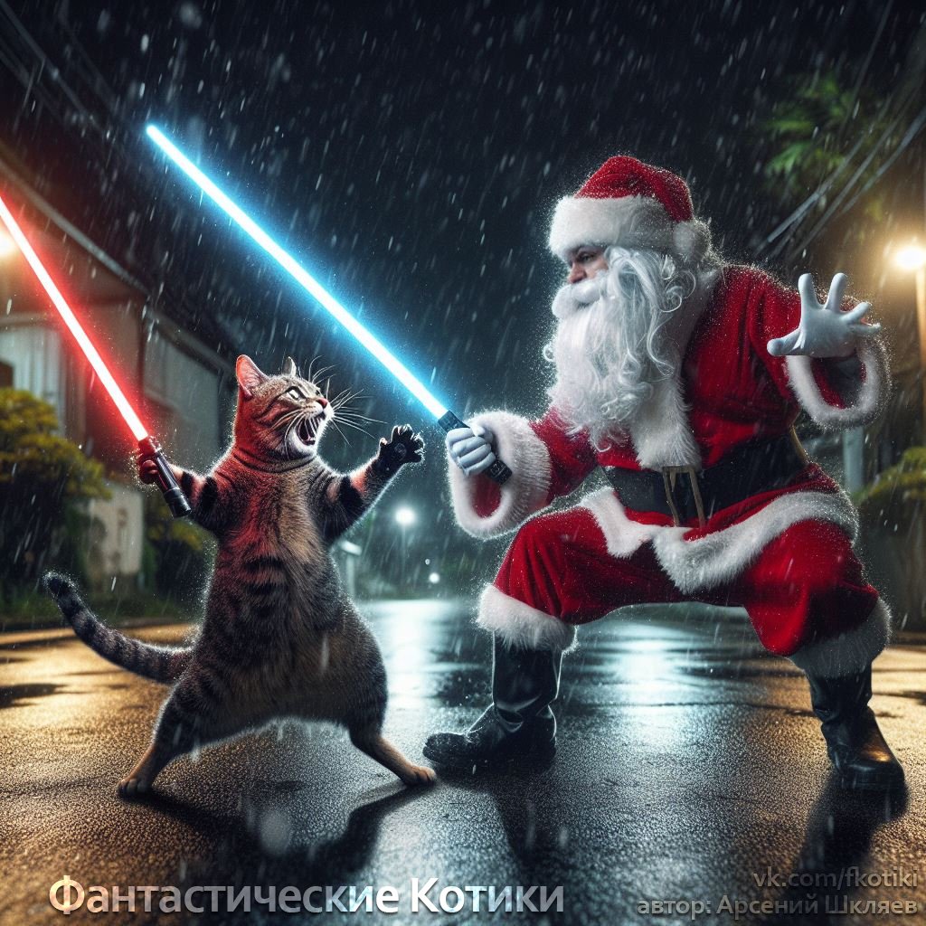 arseniy4's tweet photo. cat and Santa fight with lightsabers
#dalle https://t.co/RjeVdap36m