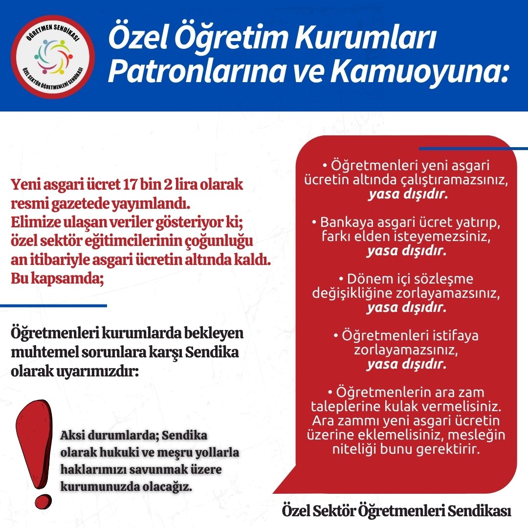‼️Yeni asgari ücret belirlendi. Bu kapsamda tüm özel öğretim kurumlarına uyarıyı şimdiden yapıyoruz ve belirttiğimiz yasa dışılıklara girişen kurumlara karşı tüm sendikal haklarımızı ve hukuki süreçleri ileteceğimizi bildiririz. <a href="/tcmeb/">Millî Eğitim Bakanlığı</a> <a href="/tcookgm/">Özel Öğretim Kurumları Genel Müdürlüğü</a> <a href="/TOZOK1951/">TÖZOK</a> @OZDEBIRorg <a href="/Toder2002/">T Ö D E R</a>