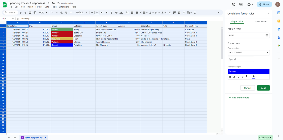 ThetaNoob (@NoobTheta) on Twitter photo 2024-01-06 16:23:56 π: #SpendingTracker - Data 1/2
- Some tips on how I manage the Google Sheets
- 1. Delete all unused columns - highlight all columns, right click, choose delete
- 2. Conditional format by Group (see attached images), choose, click '+Add another rule' and repeat for all 4 groups. π: #SpendingTracker - Data 1/2
- Some tips on how I manage the Google Sheets
- 1. Delete all unused columns - highlight all columns, right click, choose delete
- 2. Conditional format by Group (see attached images), choose, click '+Add another rule' and repeat for all 4 groups.
