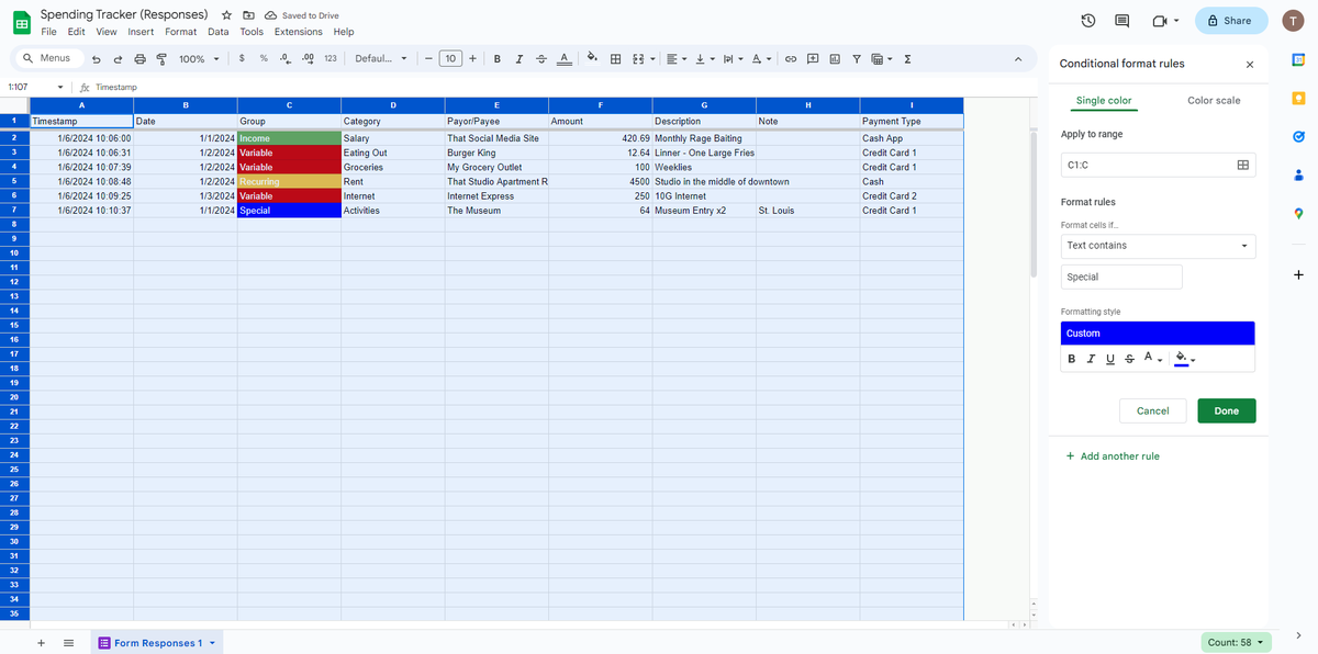 📕: #SpendingTracker - Data 1/2
- Some tips on how I manage the Google Sheets
- 1. Delete all unused columns - highlight all columns, right click, choose delete
- 2. Conditional format by Group (see attached images), choose, click '+Add another rule' and repeat for all 4 groups.