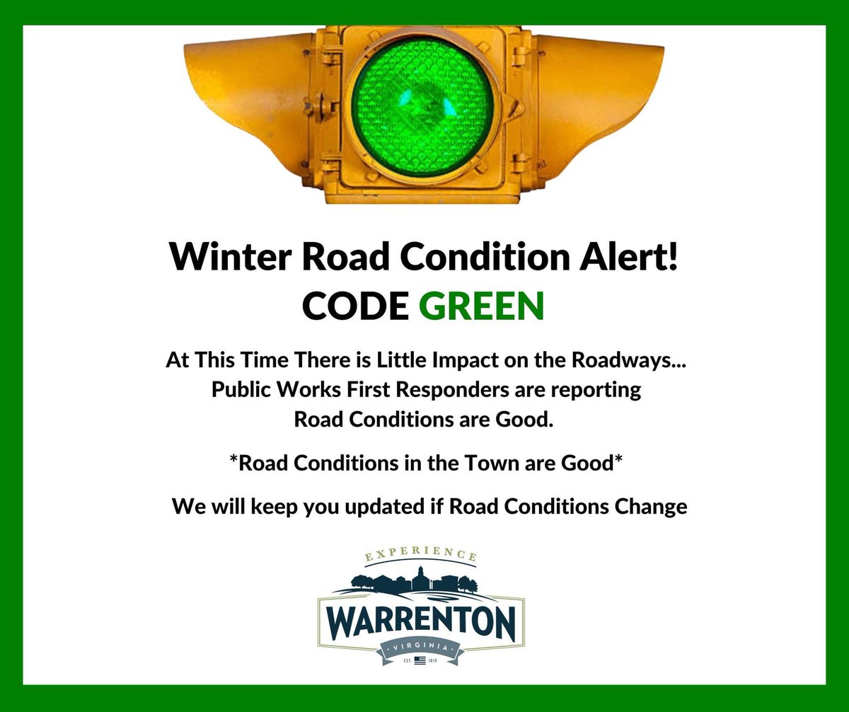 🟢 CODE GREEN 🟢

Road conditions are good. Public Works crews have treated the roads and will continue to monitor conditions throughout the day.