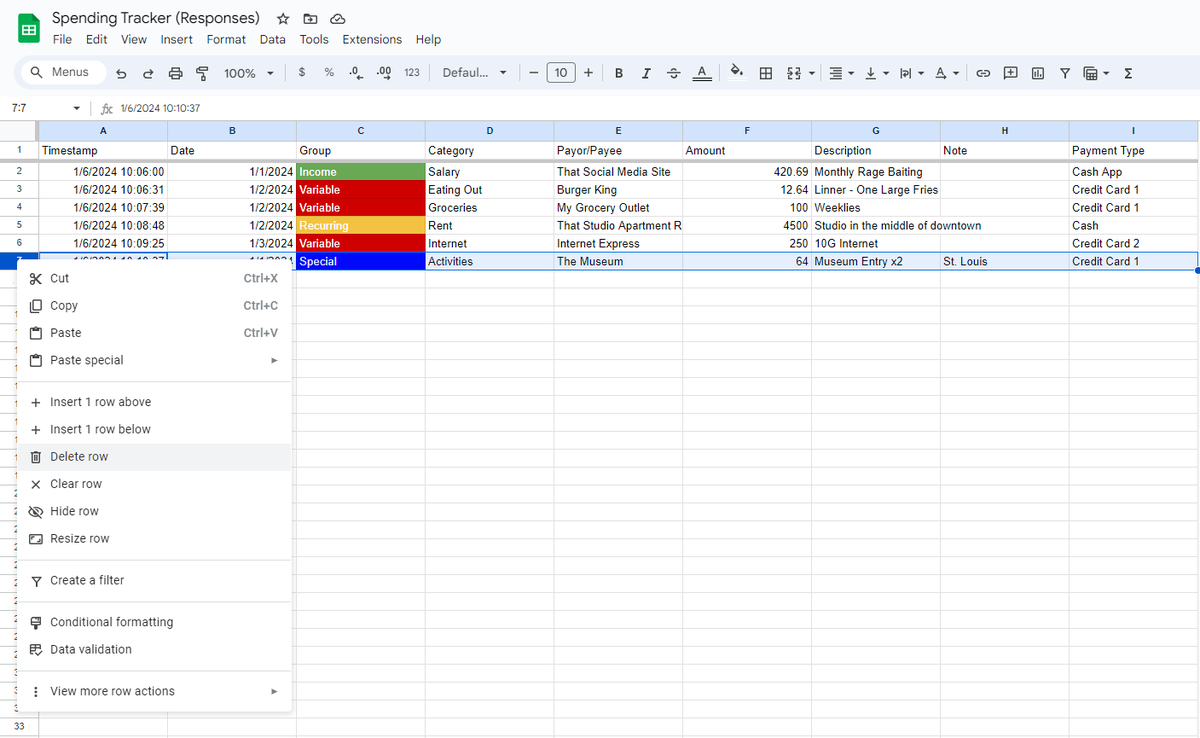 ThetaNoob (@NoobTheta) on Twitter photo 2024-01-06 16:23:56 π: #SpendingTracker - Data 2/2
- If you make a mistake after submitting
- Highlight the desired row, right click and select delete, DO NOT delete using the keyboard key.
- That's really all for the Google Sheets portion of this project
- Dashboard next week. π: #SpendingTracker - Data 2/2
- If you make a mistake after submitting
- Highlight the desired row, right click and select delete, DO NOT delete using the keyboard key.
- That's really all for the Google Sheets portion of this project
- Dashboard next week.