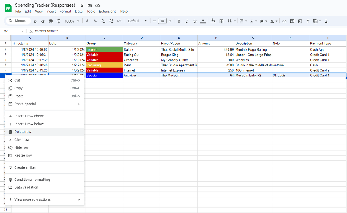 📕: #SpendingTracker - Data 2/2
- If you make a mistake after submitting
- Highlight the desired row, right click and select delete, DO NOT delete using the keyboard key.
- That's really all for the Google Sheets portion of this project
- Dashboard next week.