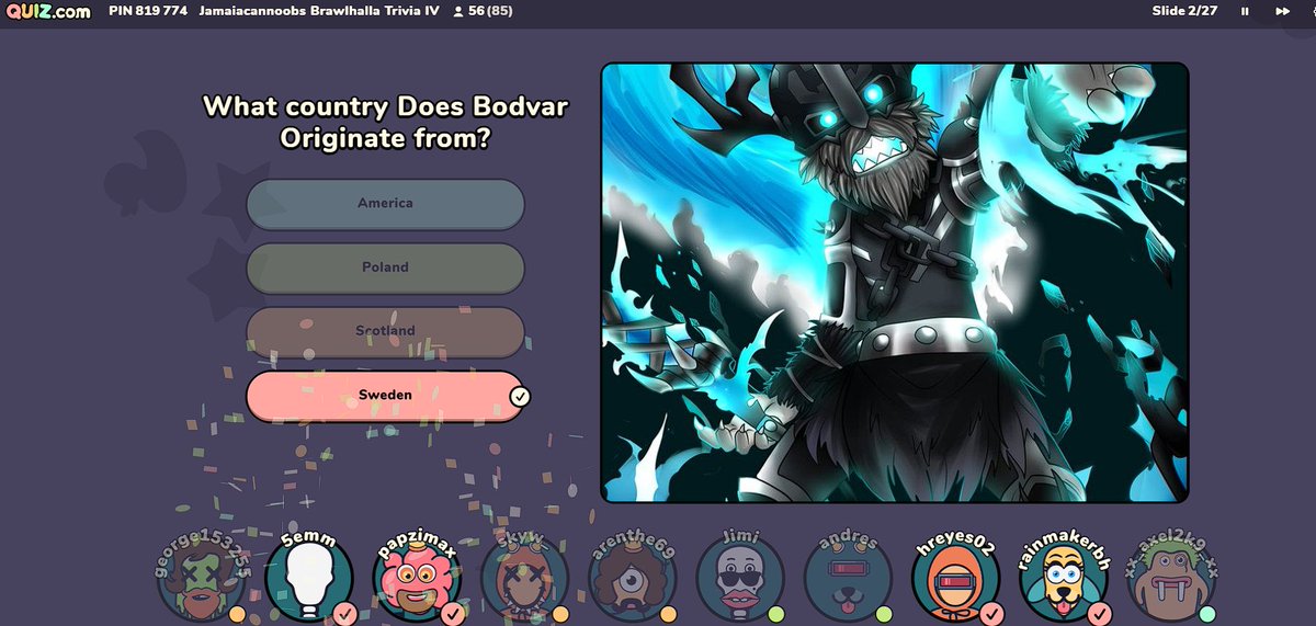 Jamaicannoobs's tweet photo. This is the most participants I've ever had for a Brawlhalla Quiz – 85. https://t.co/vJzb5nklgM