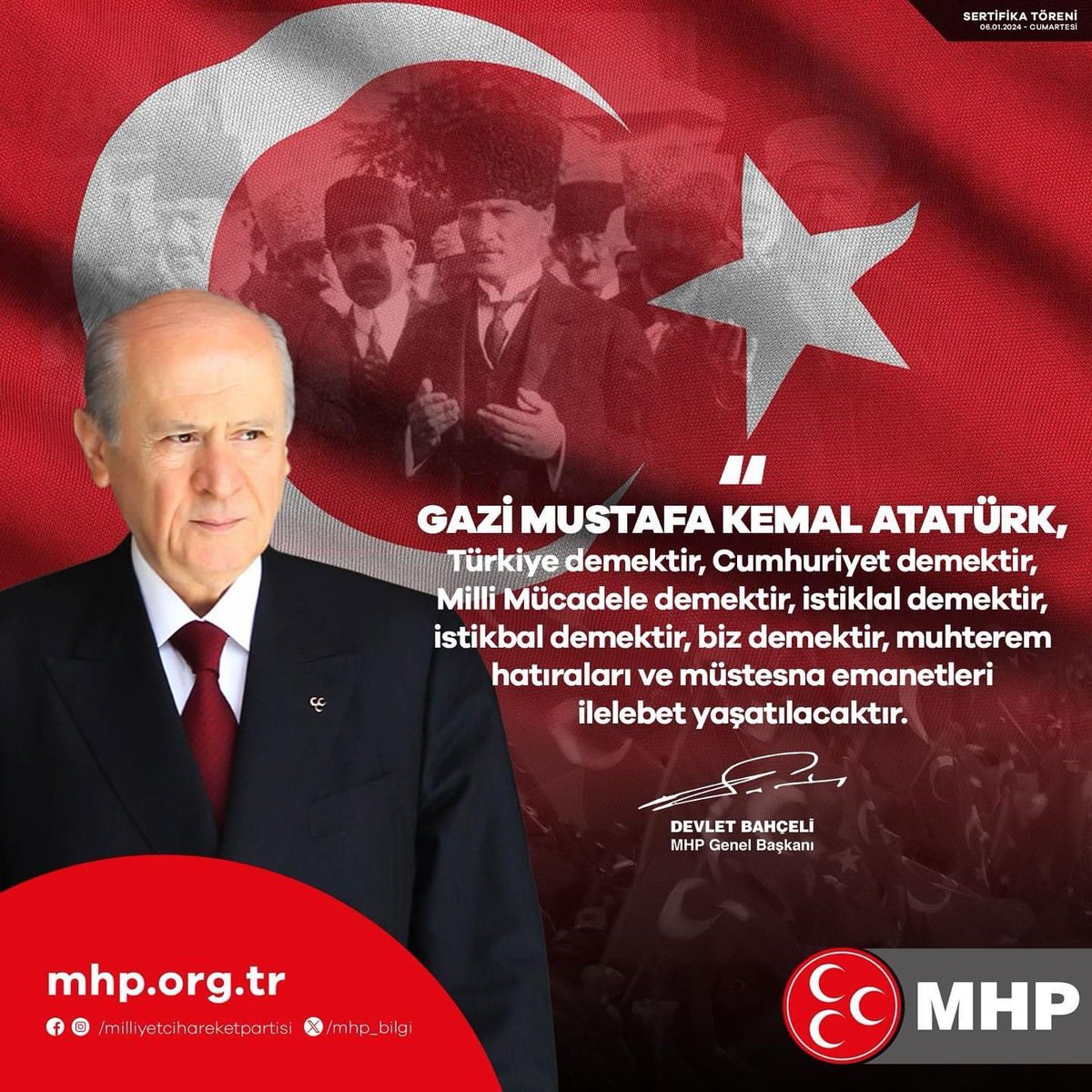 Gazi Mustafa Kemal Atatürk, Türkiye demektir, Cumhuriyet demektir, Milli Mücadele demektir, istiklal demektir, istikbal demektir, biz demektir, muhterem hatıraları ve müstesna emanetleri ilelebet yaşatılacaktır.

MHP Genel Başkanı
Devlet BAHÇELİ