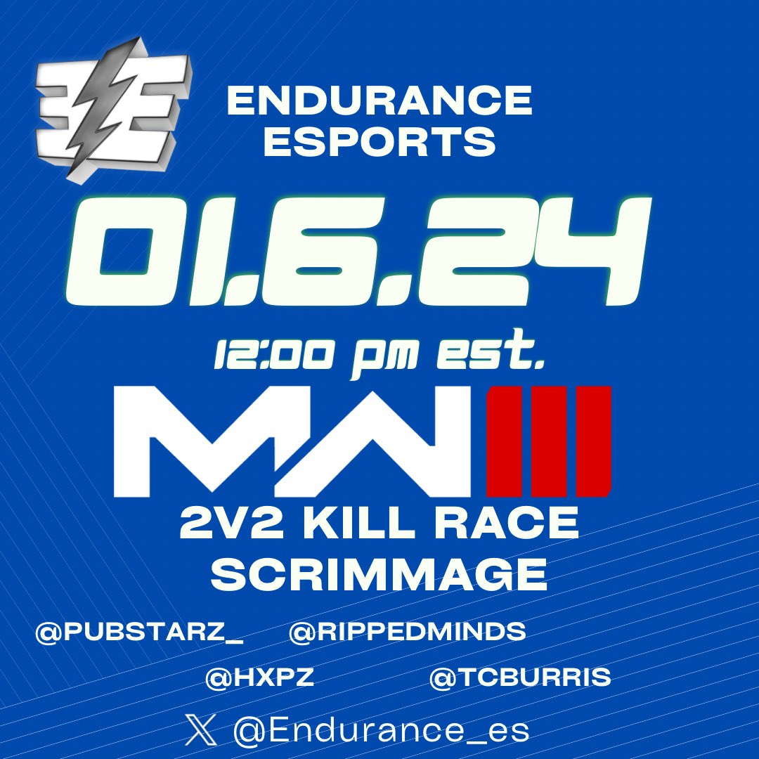 Endurance_es's tweet photo. Team Endurance will be having a Warzone 2v2 Kill Race Scrimmage today at Noon with some EE members @pubstarz_ @RippedMinds @xHxpzz @tcburris_gaming. 

Go show some support &amp; check out the games. It’s going to be some good content!

#fypシ #fypシviral #CallOfDuty #warzone #EEonTop https://t.co/QJMYvYkM0w