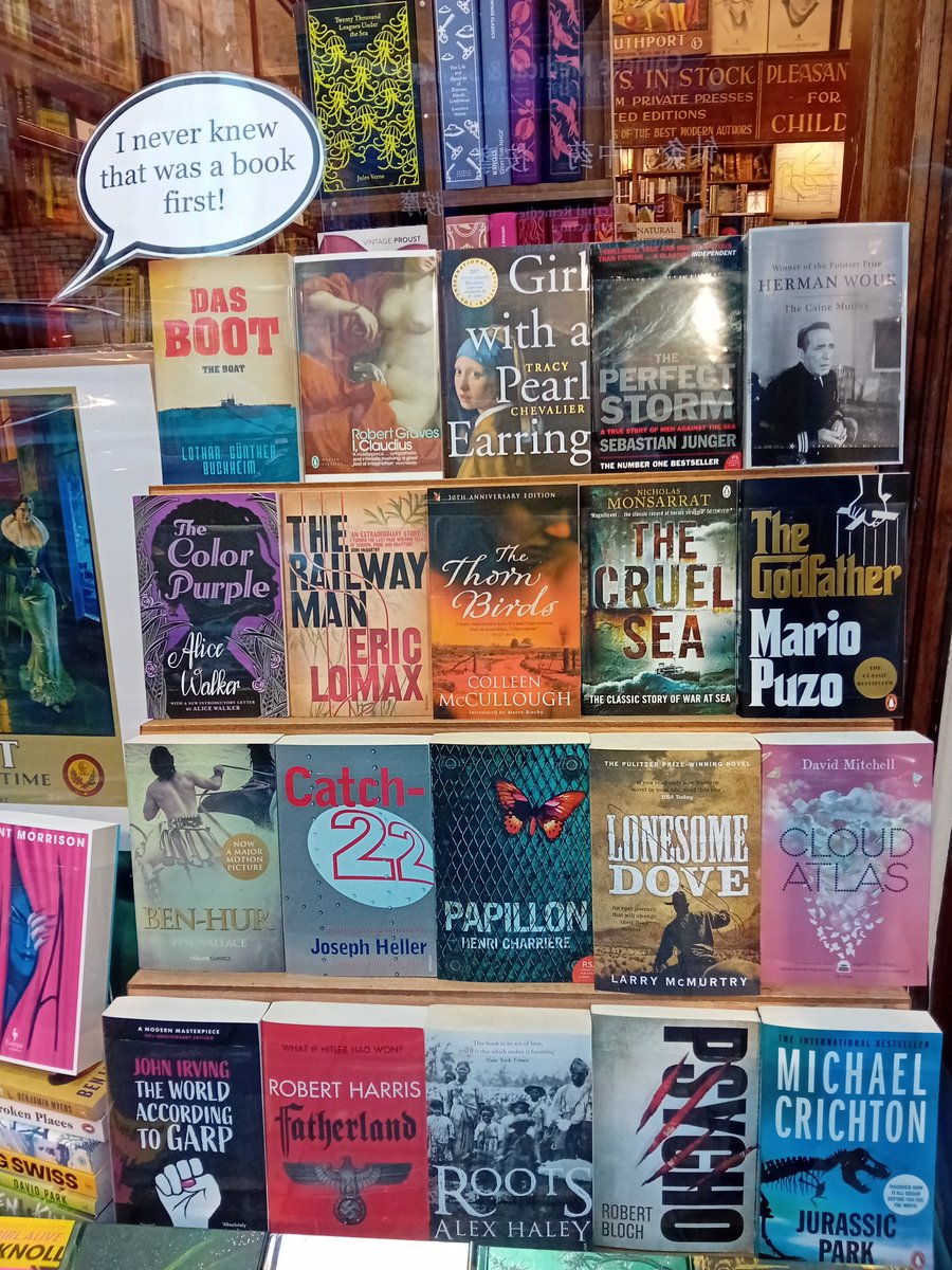 BroadhurstBooks's tweet photo. Our first window display of 2024 is a bit of a mish-mash of colour, books we loved in 2023, & a mini-theme of "I never knew that film/tv show was a book first!", partly inspired by our Christmas viewings - so far, it turns out a fair number of people didn't know! #BookshopWindows https://t.co/wa2QaXdKbj