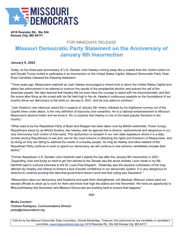 MoDemParty's tweet photo. Statement on the Anniversary of Josh Hawley Running Away Like a Coward on January 6, 2021 from Party Chair @RussCarnahanMO 👇 #mosen #moleg https://t.co/4wGQ22h1eQ