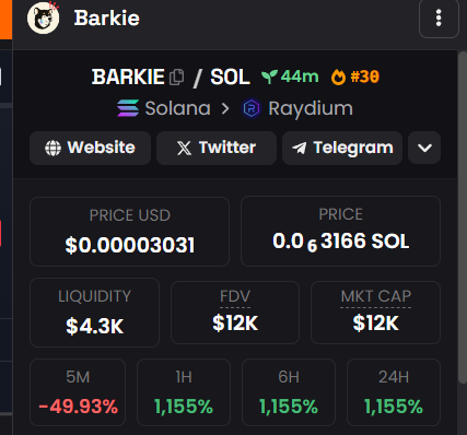 barkieonsol's tweet photo. $BARKIE Dex Social updated at only 12k mcap!! Time to shine!! woof $MYRO $BONK $SOL https://t.co/CHoUBrlvEh