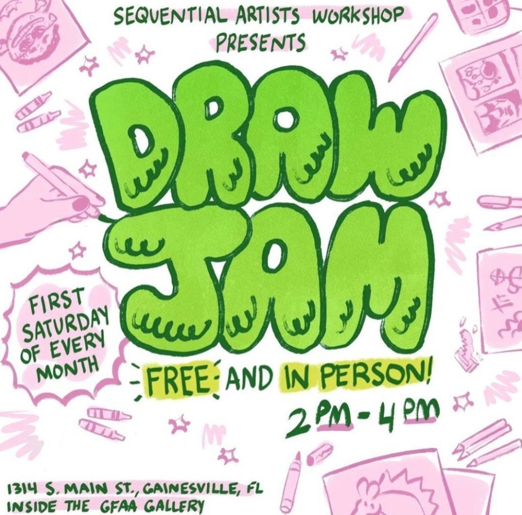 comicsworkshop's tweet photo. Today! In-Person! Draw Jam! 2PM to 4PM! Share a couple of hours of drawing with friends and strangers alike. This event occurs on the First Saturday of every month @ the Sequential Artists Workshop on south Main Street, Gainesville! Come by and let's #startmakingcomics
#comics https://t.co/R1tDIEkNLN