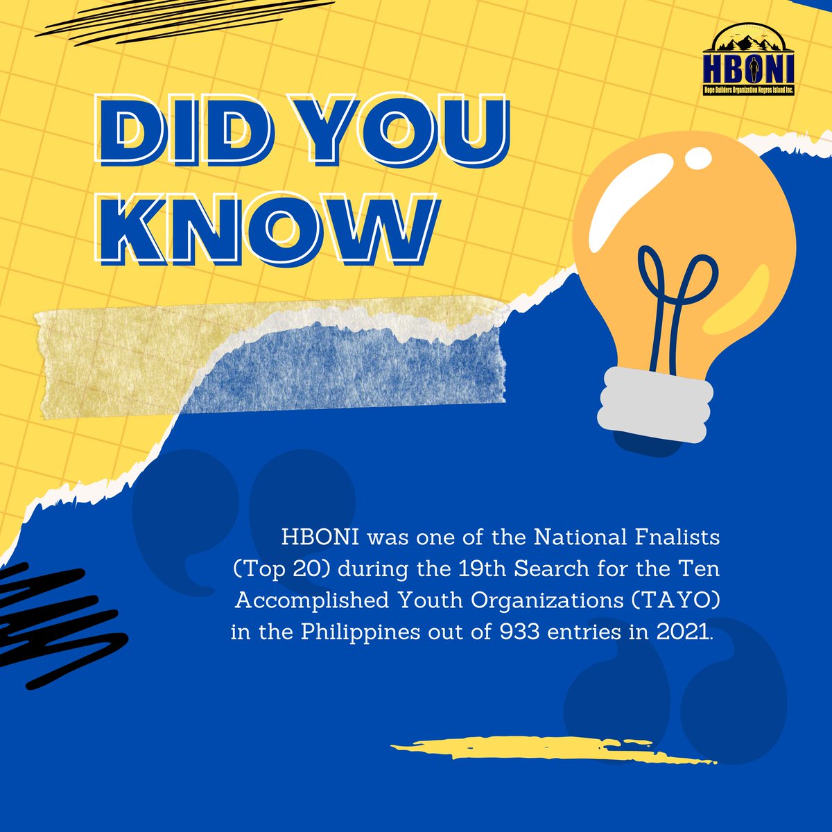 hopebuildersorg's tweet photo. With 933 entries nationwide, HBONI received its first national award during the Search for the TAYO-19 in 2021. HBONI's project entry, Pagbasa: May Pag-asa sa Pagbasa, made it to the Top 20 National Finals and marked the organization's first attempt to be recognized. https://t.co/9Z0OOfoY7j