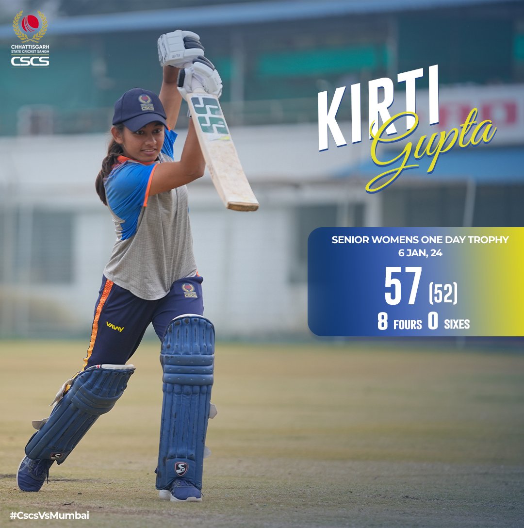 CricketCSCS's tweet photo. Kirti Gupta, an unstoppable force on the pitch, notches up an unbeaten 57 runs in just 52 balls against Mumbai! Our star batter shining bright on the field!
#SeniorWomensOneDayTrophy #BCCIDomestic #WomensCricket #SeniorWomensTeam #OneDaytournament #OneDayCricket #OneDayTrophy https://t.co/SWuRewFwGq