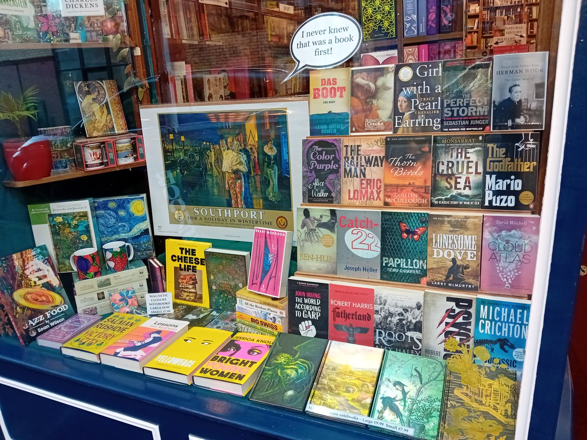 BroadhurstBooks's tweet photo. Our first window display of 2024 is a bit of a mish-mash of colour, books we loved in 2023, & a mini-theme of "I never knew that film/tv show was a book first!", partly inspired by our Christmas viewings - so far, it turns out a fair number of people didn't know! #BookshopWindows https://t.co/wa2QaXdKbj