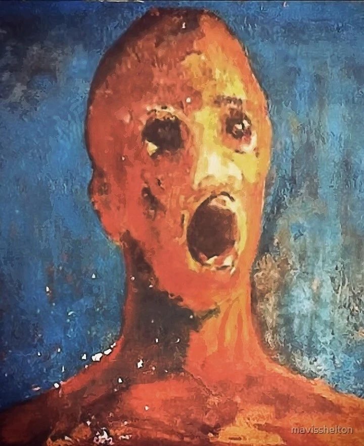 MorbidKnowledge's tweet photo. The Anguished Man, an artwork of mysterious origin, was created by an unknown artist. Sean Robinson, the current owner from England, asserts that he inherited the painting from his grandmother. She shared a chilling tale, claiming that the artist had infused his own blood into the paint and tragically ended his life shortly after completing the work.