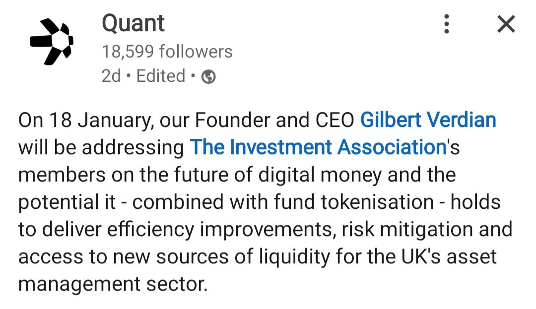josh_recruits's tweet photo. On January 18th @gverdian is presenting to the members of an investment association that manages over £8.8T in funds💸 

Discussion points: the future of digital money and fund tokenization.

$QNT is a future blue chip, whether you like it or not. https://t.co/1DnJnnGskp