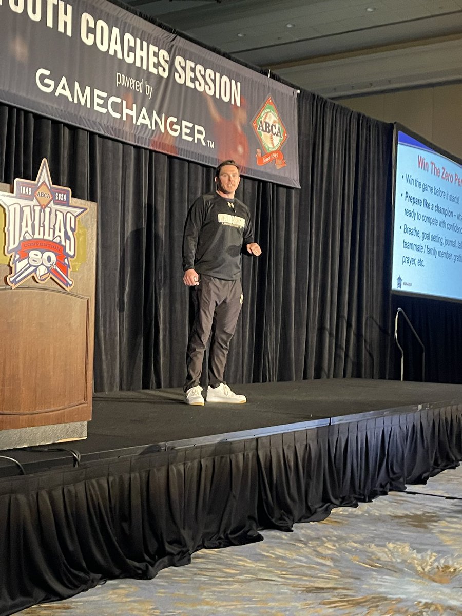 Coach_ChrisR's tweet photo. @AustinByler14 and @MajorUniversity teaching us about the mental game @ABCA1945. Be powerful verbally, visually and physically! Have your own mental highlight reel! Win the seconds in between each pitch! Have a reset button. #ABCA2024 #BeYourBestVersion https://t.co/Ei2L5gTg9d