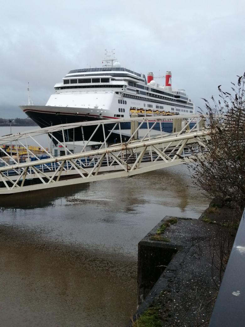 Fred Olsen Cruise Lines MS Borealis at a drizzly Liverpool Cruise Terminal before the start of her world cruise, only the second such one from the city. #fredolsencruiselines #elsonshippinglines.com #Liverpool #worldcruise #liverpoolcruiseterminal