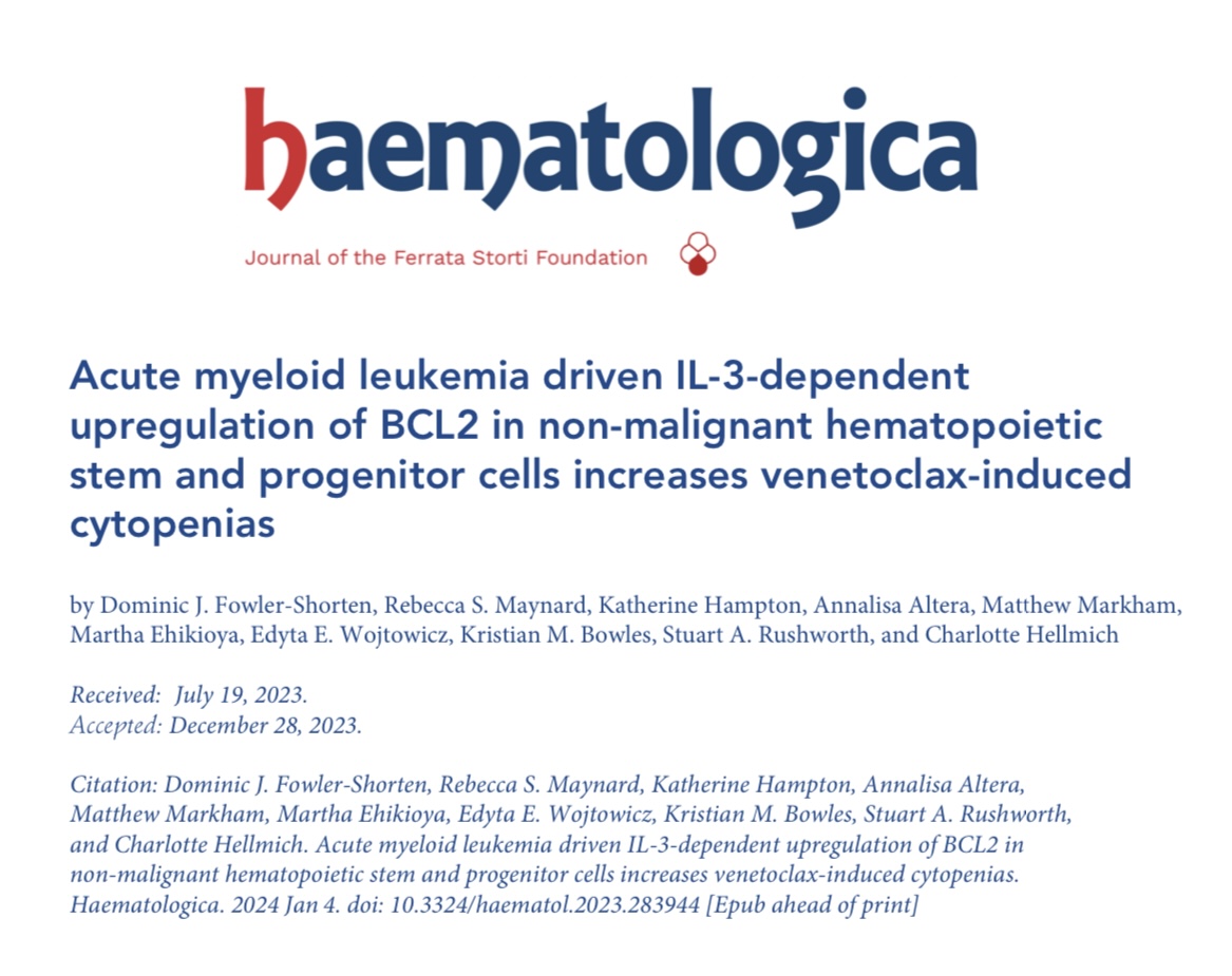 Pleased to share my MRes research which has been published in <a href="/Haematologica/">Haematologica</a> this week haematologica.org/article/view/h…. Big thanks to all involved @RushworthLab <a href="/c_hellmich/">Charlotte Hellmich</a> @KrisBowles7.
<a href="/UeaMed/">MED UEA</a> #AML #venetoclax #BCL2 #cytopenia