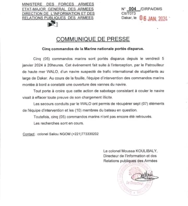 GregoireTour's tweet image. La DIRPA annonce la disparition de 5 COMMANDOS de la Marine Nationale Sénégalaise au cours d’une mission  d’interpellation d’un navire soupçonné par le Patrouilleur WALO de trafic international de Stupéfiants.  #Kebetu #Sénégal #Dirpa